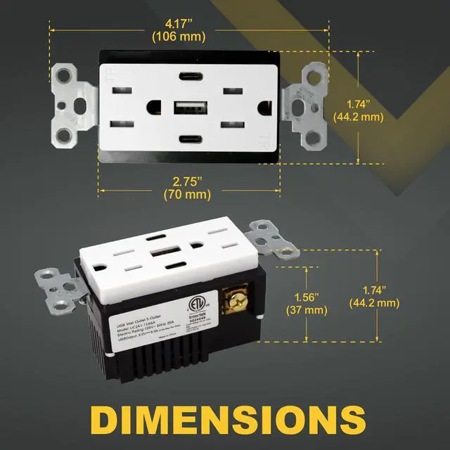 Alt view image 2 of 5 - 6.0A USB Outlet, 3-Port 30W Wall Outlets with 2 Type C & 1 Type A, 15 Amp Receptacle Plug, Tamper Resistant Receptacle, Screwless Wall Plate UC2A1-15A6ASP, ETL Listed, White, 1 Pack