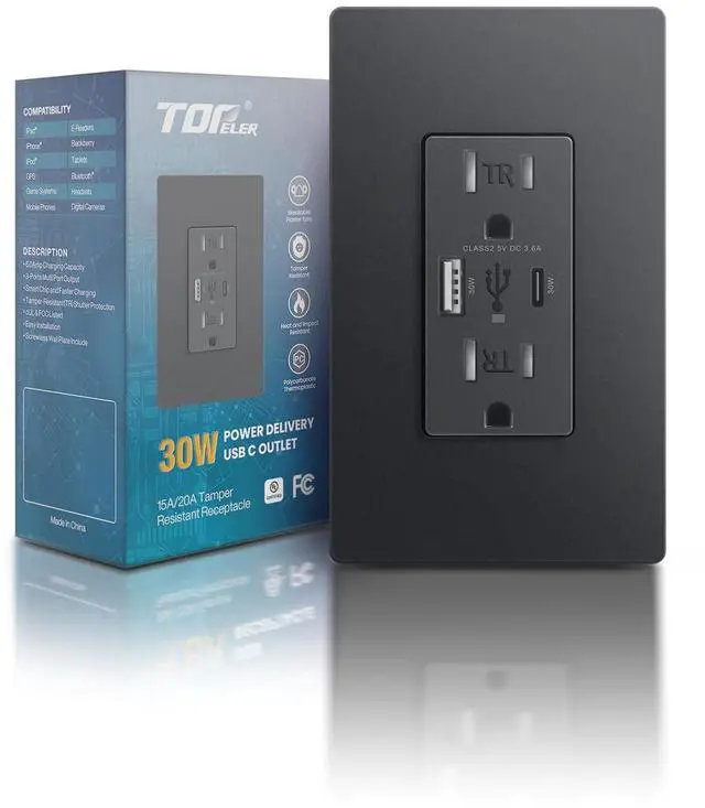Main image of USB C Wall Outlet, 30W PD3.0 & PPS USB Outlets Receptacles,15Amp Tamper-Resistant Electrical Power Socket with Type C/A Ports, UL & FCC Listed, Screwless Wall Plate Included, Black