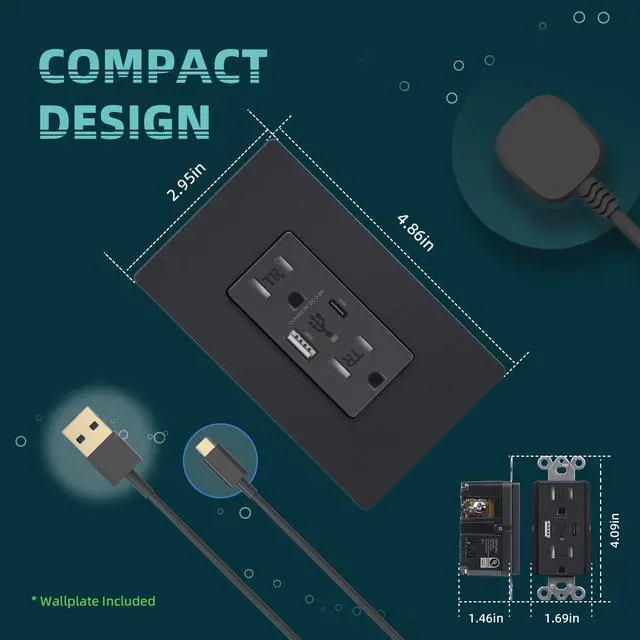 Alt view image 6 of 7 - USB C Wall Outlet, 30W PD3.0 & PPS USB Outlets Receptacles,15Amp Tamper-Resistant Electrical Power Socket with Type C/A Ports, UL & FCC Listed, Screwless Wall Plate Included, Black