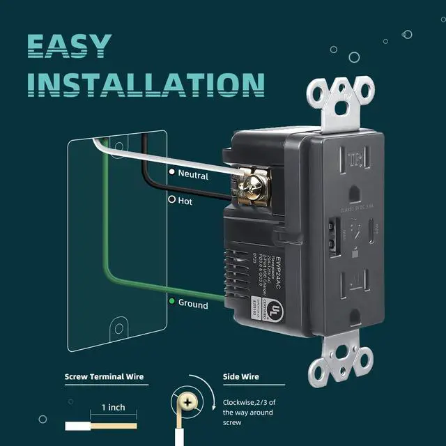 Alt view image 7 of 7 - USB C Wall Outlet, 30W PD3.0 & PPS USB Outlets Receptacles,15Amp Tamper-Resistant Electrical Power Socket with Type C/A Ports, UL & FCC Listed, Screwless Wall Plate Included, Black