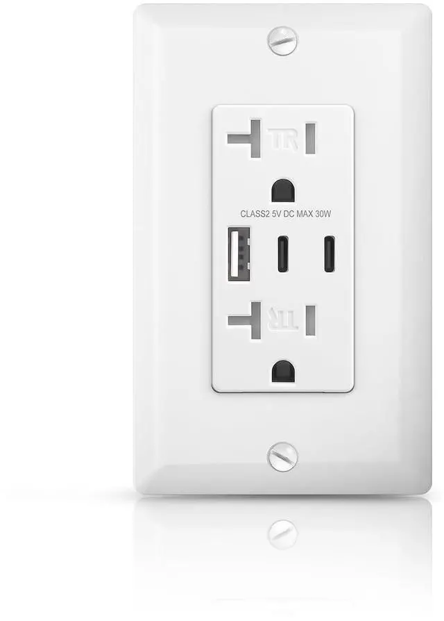 Main image of USB Wall Outlet, 6.0 Amp 30W USB C Outlets Receptacles with Type C & Type A Ports, 20Amp TR Electrical Socket, Wall Plate Included, ETL Listed, White, 1 Pack