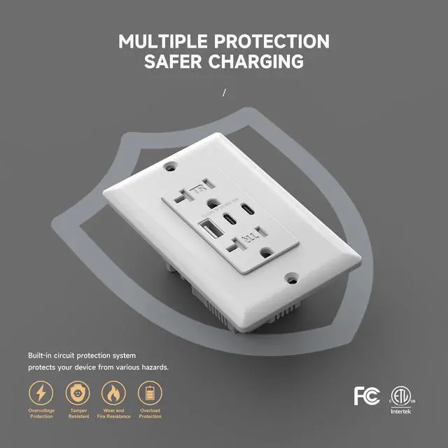 Alt view image 4 of 7 - USB Wall Outlet, 6.0 Amp 30W USB C Outlets Receptacles with Type C & Type A Ports, 20Amp TR Electrical Socket, Wall Plate Included, ETL Listed, White, 1 Pack