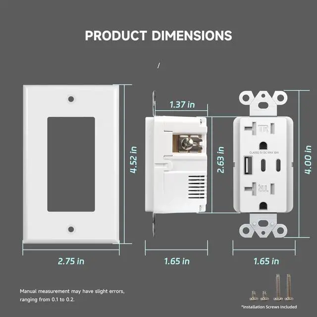 Alt view image 6 of 7 - USB Wall Outlet, 6.0 Amp 30W USB C Outlets Receptacles with Type C & Type A Ports, 20Amp TR Electrical Socket, Wall Plate Included, ETL Listed, White, 1 Pack
