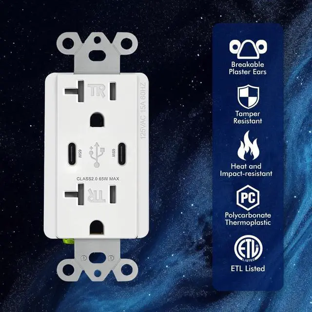 Alt view image 2 of 7 - 65W 2-Port USB C Wall Outlet, PD 3.0 GaN Tamper-Resistant 15 Amp Electrical Receptacle with Dual Type C Ports, Fast Charging for Phone/Laptop Screwless Wall Plate Included, ETL Listed 1Pack