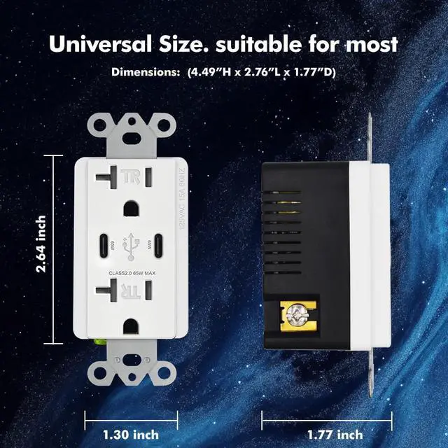 Alt view image 3 of 7 - 65W 2-Port USB C Wall Outlet, PD 3.0 GaN Tamper-Resistant 15 Amp Electrical Receptacle with Dual Type C Ports, Fast Charging for Phone/Laptop Screwless Wall Plate Included, ETL Listed 1Pack