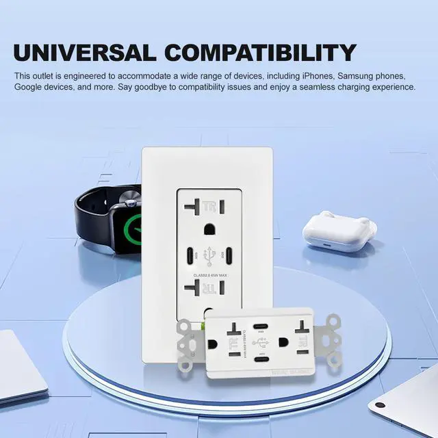 Alt view image 5 of 7 - 65W 2-Port USB C Wall Outlet, PD 3.0 GaN Tamper-Resistant 15 Amp Electrical Receptacle with Dual Type C Ports, Fast Charging for Phone/Laptop Screwless Wall Plate Included, ETL Listed 1Pack