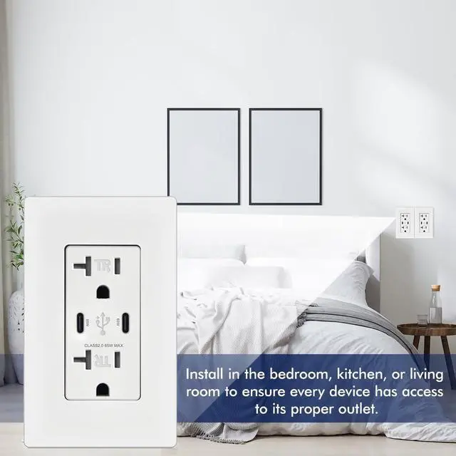Alt view image 7 of 7 - 65W 2-Port USB C Wall Outlet, PD 3.0 GaN Tamper-Resistant 15 Amp Electrical Receptacle with Dual Type C Ports, Fast Charging for Phone/Laptop Screwless Wall Plate Included, ETL Listed 1Pack