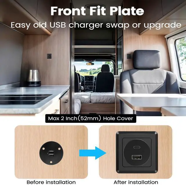 Alt view image 4 of 7 - RV USB Outlet 12V Wall Mount,PD3.0 30W & QC3.0 18W USB-A/C Dual Port Socket, 12V Aluminum USB Quick Charging Outlet with Black Faceplate, Great for RV, Boat, Caravan, Camper Trailer (1)