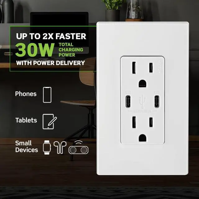 Alt view image 7 of 7 - 30W (6A) USB Dual Type-C/C Power Delivery In-Wall Charger with 15A Tamper-Resistant Outlet, USB Charger for Smartphones, Tablets, Laptops, T5635-W, White