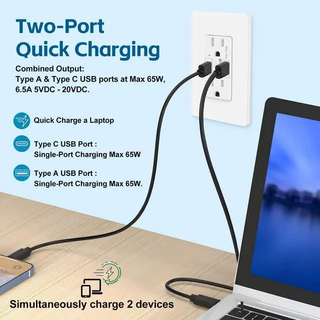 Alt view image 5 of 7 - 65W USB C Outlet PD3.0, 1-Pack Fast Charging USB C Wall Outlet, Compatible with Mac Air, iPhone 15, Android, Tamper-Resistant, 15A Outlet with USB C, Electrical USB C Charger, UL Listed