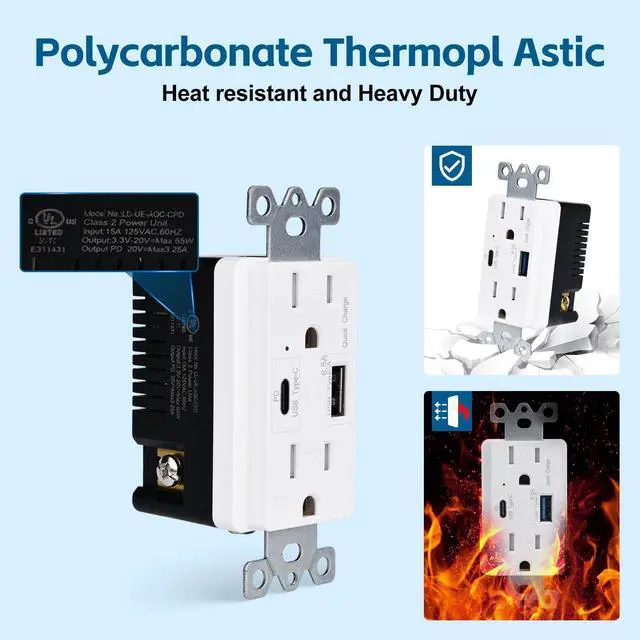 Alt view image 3 of 7 - 65W USB C Outlet PD3.0, 1-Pack Fast Charging USB C Wall Outlet, Compatible with Mac Air, iPhone 15, Android, Tamper-Resistant, 15A Outlet with USB C, Electrical USB C Charger, UL Listed