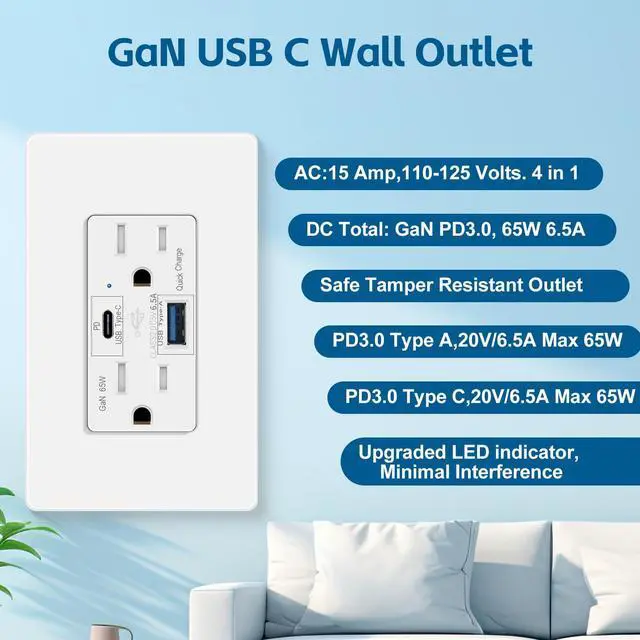 Alt view image 7 of 7 - 65W USB C Outlet PD3.0, 1-Pack Fast Charging USB C Wall Outlet, Compatible with Mac Air, iPhone 15, Android, Tamper-Resistant, 15A Outlet with USB C, Electrical USB C Charger, UL Listed