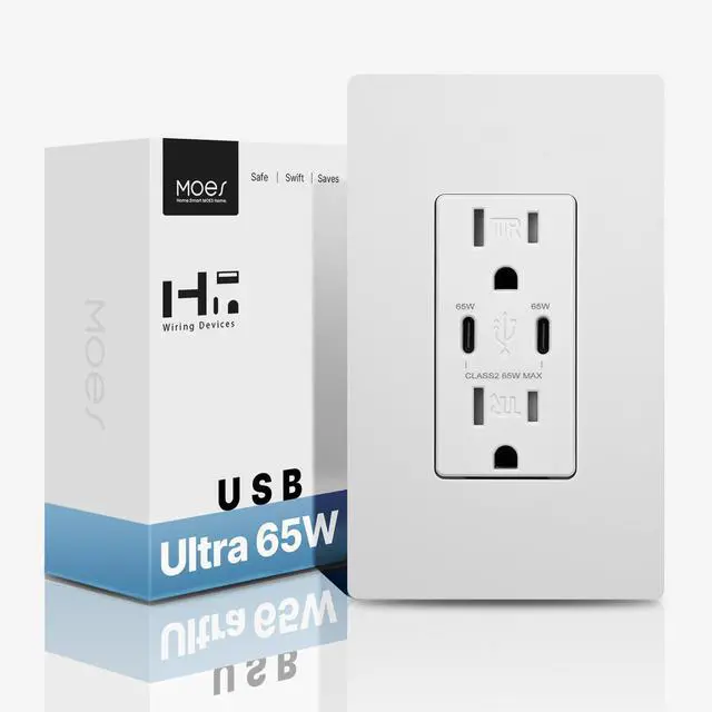 Main image of 65W GaN Power Delivery USB C Wall Outlet 15 Amp, Ultra Speed Type C Receptacle, PD USB C Ports, Tamper Resistant, Screwless Wall Plate Included, ETL Listed, Matte White, 1 Pack