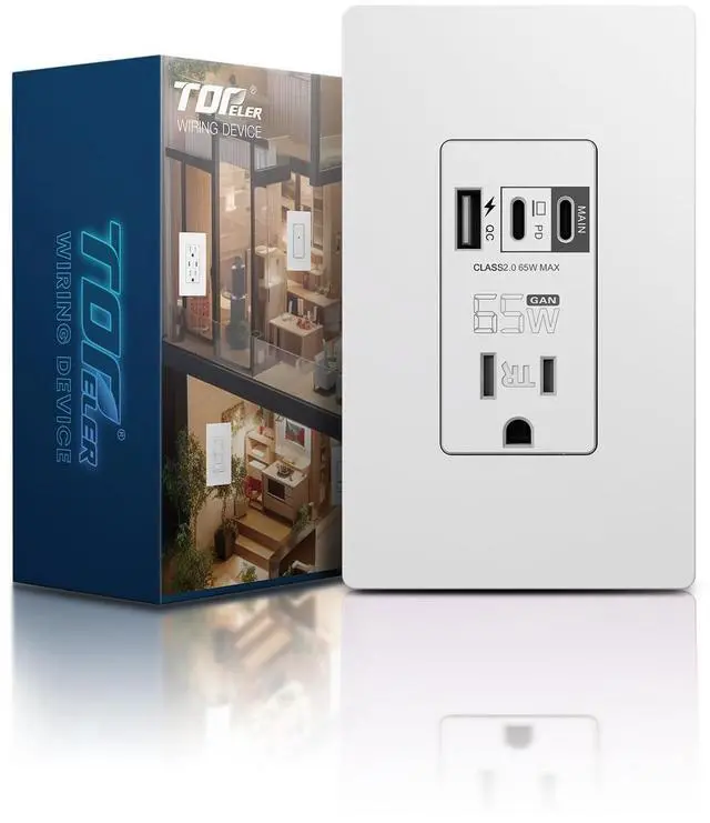 Main image of 3-Port USB Outlets, PD 65W Ultra-Speed USB Receptacle for Laptop, 15A Tamper-Resistant Wall Outlet with 2*Type C & 1*Type A, Screwless Wall Plate Included, ETL Listed, White