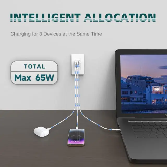 Alt view image 2 of 7 - 3-Port USB Outlets, PD 65W Ultra-Speed USB Receptacle for Laptop, 15A Tamper-Resistant Wall Outlet with 2*Type C & 1*Type A, Screwless Wall Plate Included, ETL Listed, White