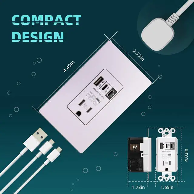Alt view image 6 of 7 - 3-Port USB Outlets, PD 65W Ultra-Speed USB Receptacle for Laptop, 15A Tamper-Resistant Wall Outlet with 2*Type C & 1*Type A, Screwless Wall Plate Included, ETL Listed, White