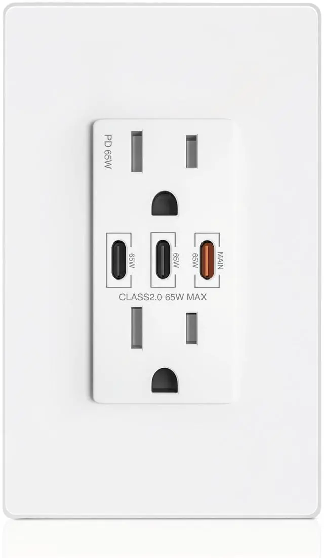 Main image of USB Wall Outlet, 65W GaN Receptacles with 3 USB Ports,15 Amp Tamper-Resistant Electrical Outlet with 3 Type C,Screwless Wall Plate Included,UL Listed
