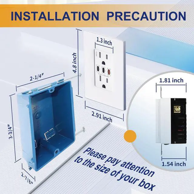 Alt view image 6 of 6 - USB Wall Outlet, 65W GaN Receptacles with 3 USB Ports,15 Amp Tamper-Resistant Electrical Outlet with 3 Type C,Screwless Wall Plate Included,UL Listed