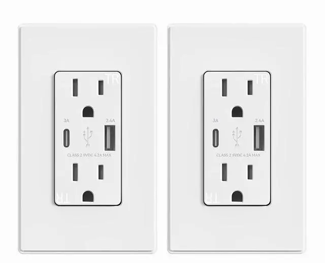 Main image of USB Charger Wall Outlet, Type A & C USB Ports, 15 Amp Duplex Tamper Resistant Receptacle Plug NEMA 5-15R, Wall Plate Included, UL Listed (2 Pack, Matte White)