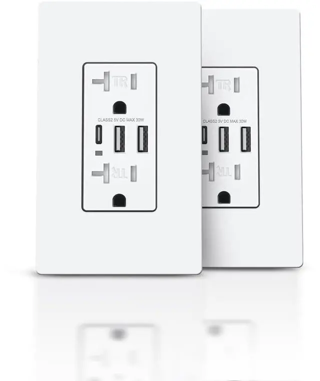 Main image of USB C Wall Outlet, 6.0Amp 30W Electrical Socket with USB A&C Ports, 20A Duplex Tamper Resistant Receptacle Plug, Screwless Plate Include, UL & FCC Listed, 2 Pack, White