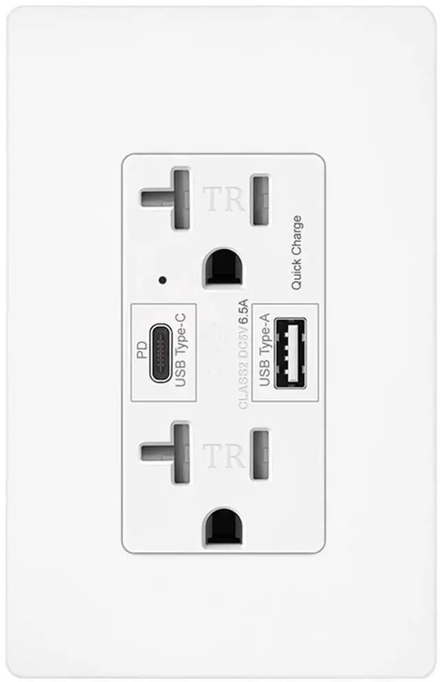 Main image of USB C + A Outlet PD 65W GaN + Power Delivery Receptacle 6.5A with Type A and Type C Ports, 125 Volt Tamper-Resistant for USB-C Cellphone W/Wallplate UL Listed (1Pack, White, 20Amp 65W)