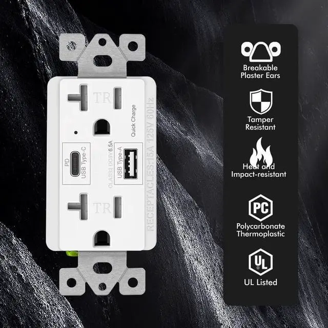 Alt view image 2 of 7 - USB C + A Outlet PD 65W GaN + Power Delivery Receptacle 6.5A with Type A and Type C Ports, 125 Volt Tamper-Resistant for USB-C Cellphone W/Wallplate UL Listed (1Pack, White, 20Amp 65W)