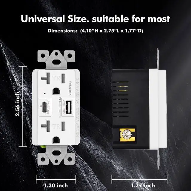 Alt view image 3 of 7 - USB C + A Outlet PD 65W GaN + Power Delivery Receptacle 6.5A with Type A and Type C Ports, 125 Volt Tamper-Resistant for USB-C Cellphone W/Wallplate UL Listed (1Pack, White, 20Amp 65W)
