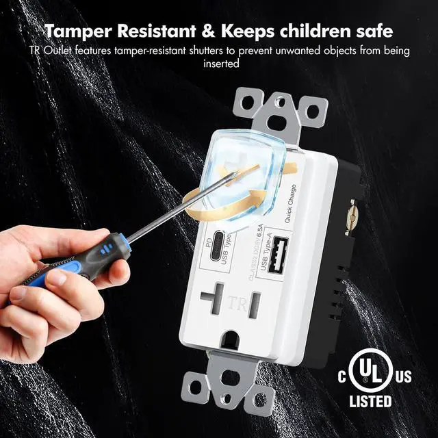 Alt view image 5 of 7 - USB C + A Outlet PD 65W GaN + Power Delivery Receptacle 6.5A with Type A and Type C Ports, 125 Volt Tamper-Resistant for USB-C Cellphone W/Wallplate UL Listed (1Pack, White, 20Amp 65W)