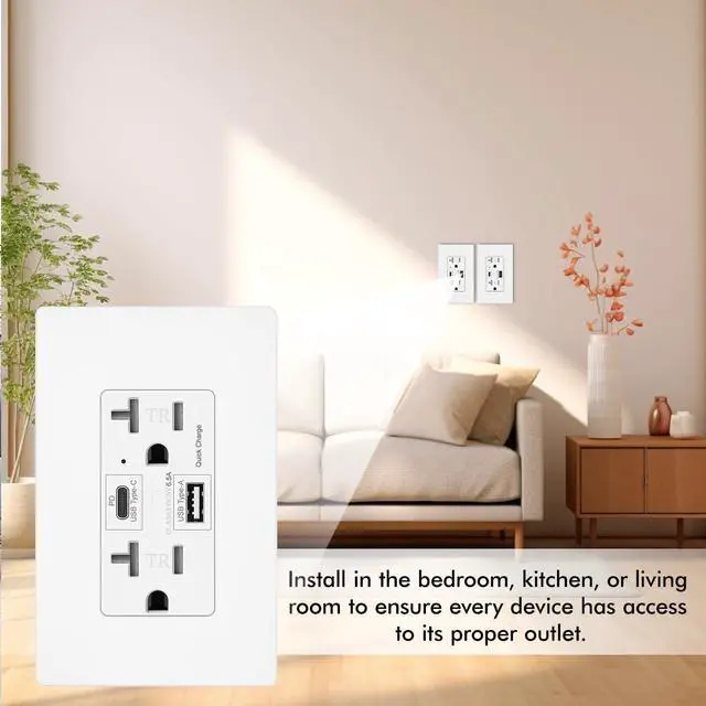Alt view image 7 of 7 - USB C + A Outlet PD 65W GaN + Power Delivery Receptacle 6.5A with Type A and Type C Ports, 125 Volt Tamper-Resistant for USB-C Cellphone W/Wallplate UL Listed (1Pack, White, 20Amp 65W)