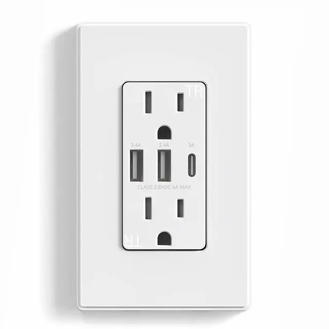 Main image of USB Outlets Receptacles, 3-Port Wall Outlet, 30W 6.0A Electrical Outlet, 15 Amp Tamper-Resistant Outlet with Type C Ports, UL Listed, Wall Plate Included, 1 Pack, Matte White