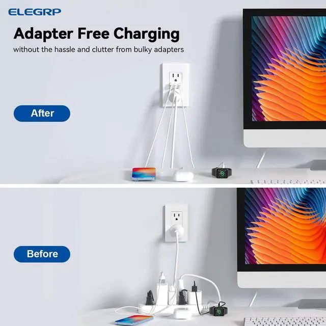 Alt view image 6 of 7 - USB Outlets Receptacles, 3-Port Wall Outlet, 30W 6.0A Electrical Outlet, 15 Amp Tamper-Resistant Outlet with Type C Ports, UL Listed, Wall Plate Included, 1 Pack, Matte White