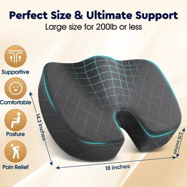 Alt view image 2 of 7 - Seat Cushion - Memory Foam Sitting Pillow for Office Chair, Car Seat, Airplane, Bleacher - Sciatica & Hip & Coccyx Pain Relief Desk Chair Cushion for Long Sitting Office Workers, Car Drivers
