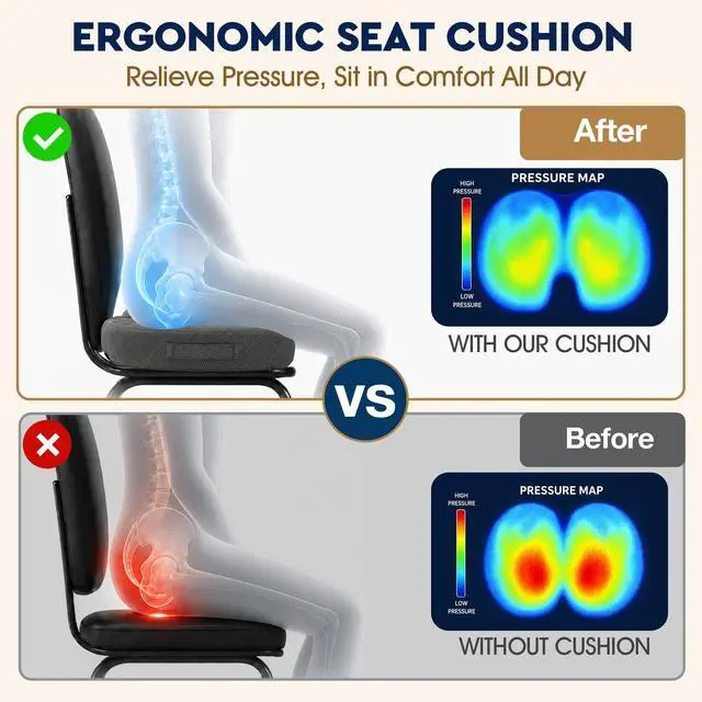 Alt view image 3 of 7 - Seat Cushion - Memory Foam Sitting Pillow for Office Chair, Car Seat, Airplane, Bleacher - Sciatica & Hip & Coccyx Pain Relief Desk Chair Cushion for Long Sitting Office Workers, Car Drivers