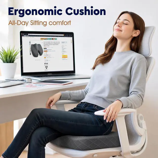 Alt view image 4 of 7 - Seat Cushion - Memory Foam Sitting Pillow for Office Chair, Car Seat, Airplane, Bleacher - Sciatica & Hip & Coccyx Pain Relief Desk Chair Cushion for Long Sitting Office Workers, Car Drivers