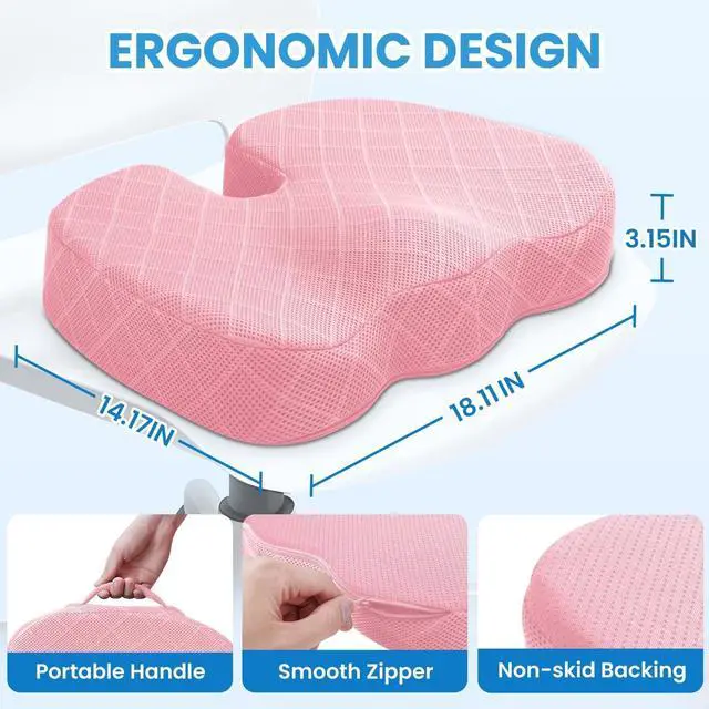 Alt view image 2 of 7 - Office/Car Seat Cushion, Non-Slip Sciatica & Back Coccyx Tailbone Pain Relief Chair Pad, Memory Foam Butt Pillow for Computer Desk, Wheelchair, Driving (Pink)