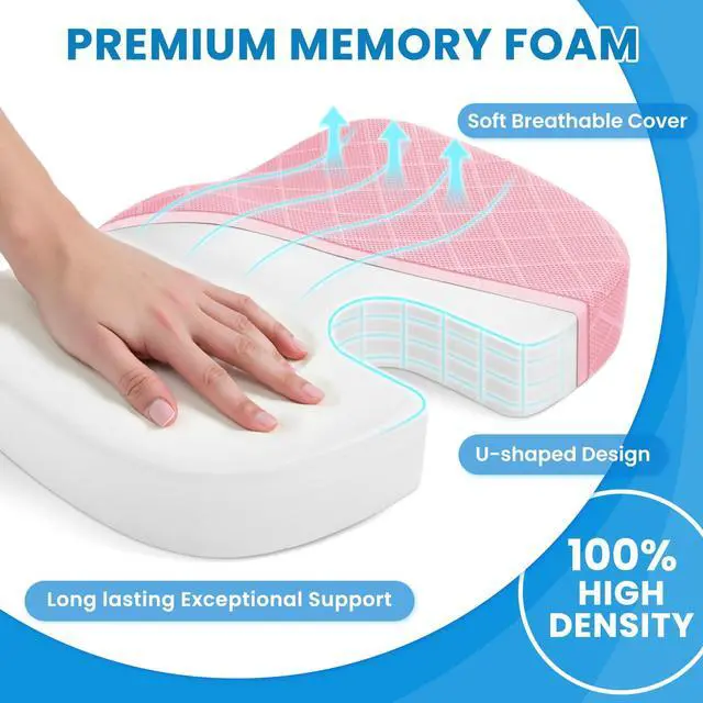 Alt view image 3 of 7 - Office/Car Seat Cushion, Non-Slip Sciatica & Back Coccyx Tailbone Pain Relief Chair Pad, Memory Foam Butt Pillow for Computer Desk, Wheelchair, Driving (Pink)