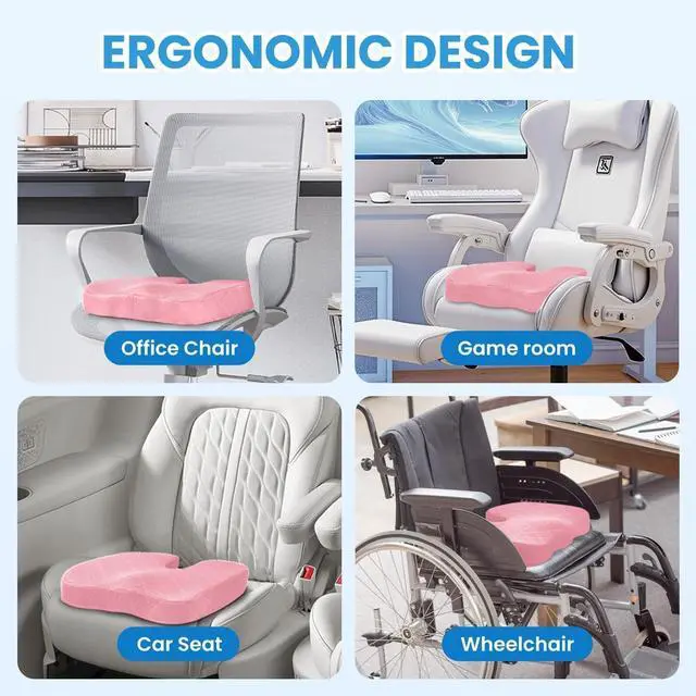 Alt view image 5 of 7 - Office/Car Seat Cushion, Non-Slip Sciatica & Back Coccyx Tailbone Pain Relief Chair Pad, Memory Foam Butt Pillow for Computer Desk, Wheelchair, Driving (Pink)