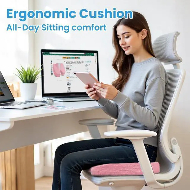 Alt view image 7 of 7 - Office/Car Seat Cushion, Non-Slip Sciatica & Back Coccyx Tailbone Pain Relief Chair Pad, Memory Foam Butt Pillow for Computer Desk, Wheelchair, Driving (Pink)