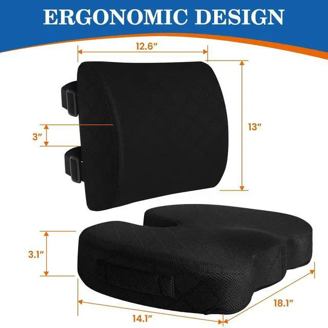 Alt view image 2 of 7 - Back&Seat Cushion, Car Seat Office Chair Cushions, Breathable Memory Foam Lumbar Back Support Pillow, Portable Airplane Seat Cushion for Travel, Computer Desk, Wheelchair, Driving (Black)