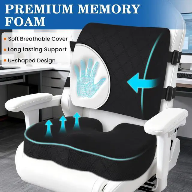Alt view image 3 of 7 - Back&Seat Cushion, Car Seat Office Chair Cushions, Breathable Memory Foam Lumbar Back Support Pillow, Portable Airplane Seat Cushion for Travel, Computer Desk, Wheelchair, Driving (Black)