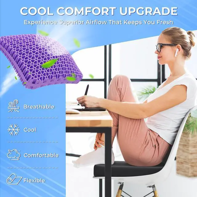 Alt view image 2 of 7 - Gel Seat Cushion for Long Sitting, Enlarged & Thickened Patent Design, Breathable Cooling for Office Chair, Soft Car Seat Cushion for Wheelchair (Standard, Black)