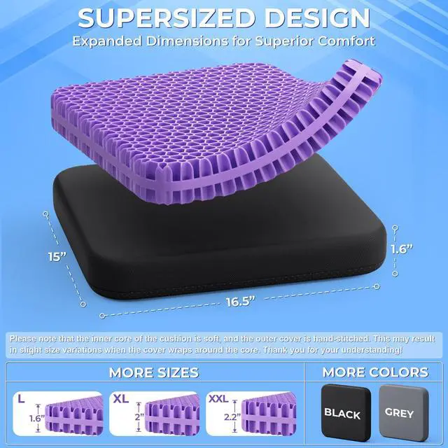 Alt view image 3 of 7 - Gel Seat Cushion for Long Sitting, Enlarged & Thickened Patent Design, Breathable Cooling for Office Chair, Soft Car Seat Cushion for Wheelchair (Standard, Black)