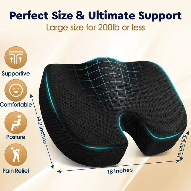 Alt view image 2 of 7 - Office/ Car Seat Cushion, Non-Slip Sciatica & Back Coccyx Tailbone Pain Relief Chair Pad, Memory Foam Butt Pillow for Computer Desk, Wheelchair, Driving (Black)