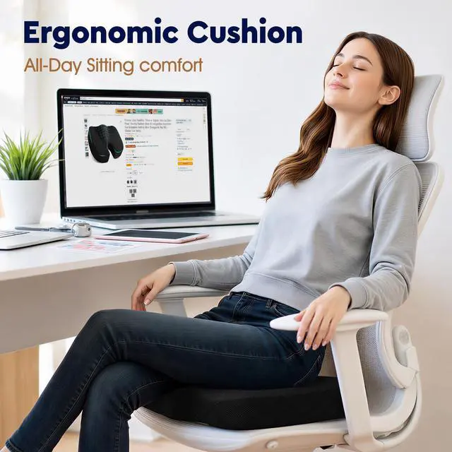 Alt view image 4 of 7 - Office/ Car Seat Cushion, Non-Slip Sciatica & Back Coccyx Tailbone Pain Relief Chair Pad, Memory Foam Butt Pillow for Computer Desk, Wheelchair, Driving (Black)