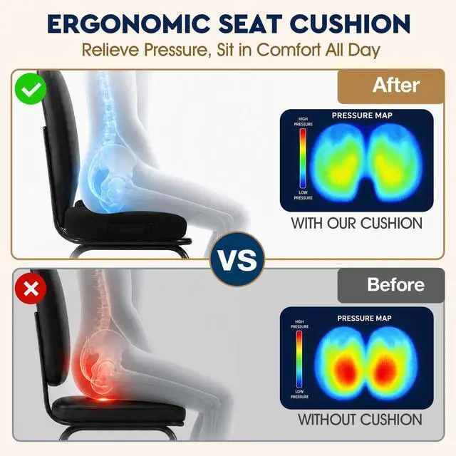 Alt view image 3 of 7 - Office/ Car Seat Cushion, Non-Slip Sciatica & Back Coccyx Tailbone Pain Relief Chair Pad, Memory Foam Butt Pillow for Computer Desk, Wheelchair, Driving (Black)