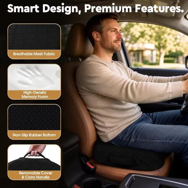 Alt view image 6 of 7 - Office/ Car Seat Cushion, Non-Slip Sciatica & Back Coccyx Tailbone Pain Relief Chair Pad, Memory Foam Butt Pillow for Computer Desk, Wheelchair, Driving (Black)