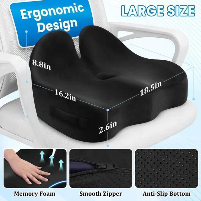 Alt view image 2 of 7 - Seat Cushion, Ergonomic Memory Foam Seat Cushions for Office Chairs, Car, Long Trip, Desk Chair, Lab, Extra Large Size for Sciatica & Hip & Tailbone Pain Relief, Sciatica Support (Black)