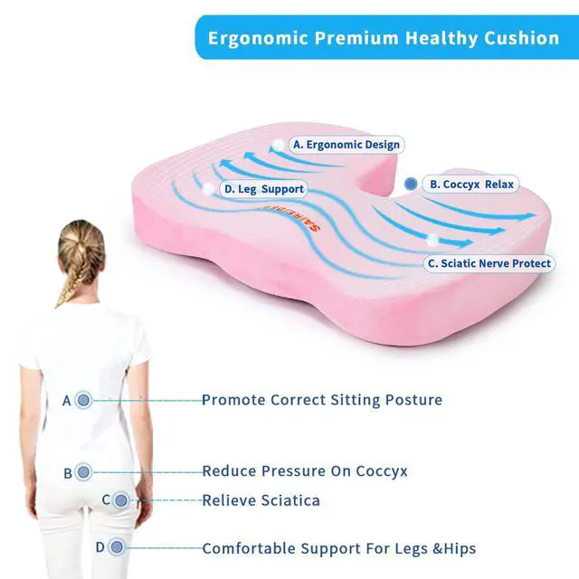 Alt view image 2 of 7 - Office Chair Cushion, Car Seat Cushion, Memory Foam Coccyx Cushion Pads for Tailbone Pain, Sciatica Relief Pillow, Correct Sitting Posture (Pink)