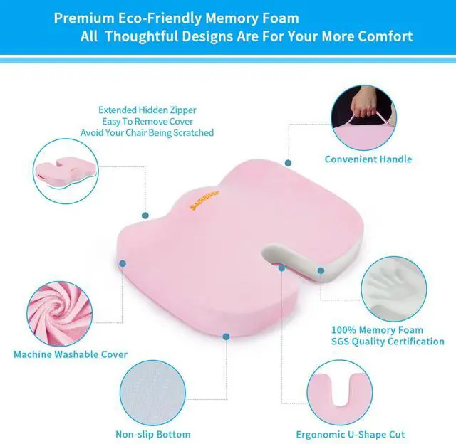 Alt view image 3 of 7 - Office Chair Cushion, Car Seat Cushion, Memory Foam Coccyx Cushion Pads for Tailbone Pain, Sciatica Relief Pillow, Correct Sitting Posture (Pink)