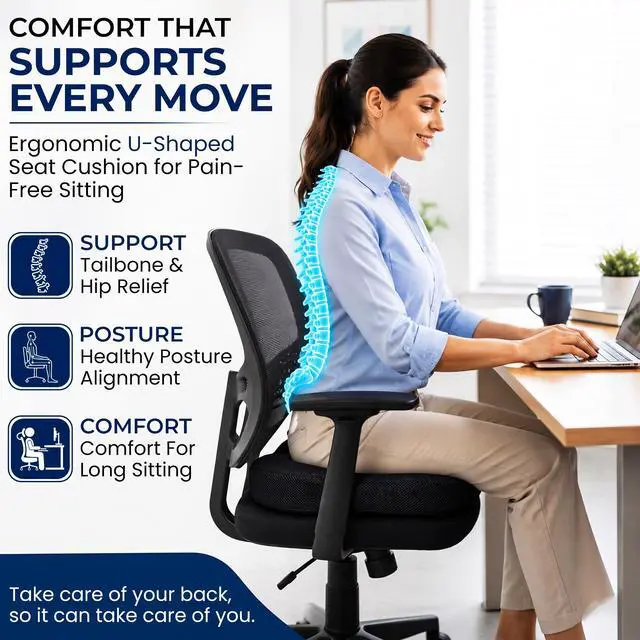 Alt view image 3 of 7 - Premium Orthopedic Memory Foam Seat Cushion for Office Chair & Car Seat .Ergonomic U-Shape Coccyx Pillow for Tailbone & Sciatica Pain Relief Lower Back Problems and Long Sitting Comfort. (Black)